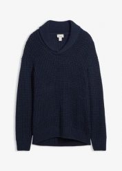 Gruby sweter ze stójką, o strukturze waflowej. Niebieskie swetry przez głowę męskie bonprix, m, bez wzorów, bez kołnierzyka. Za 114.99 zł.