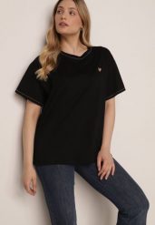 Czarny Bawełniany T-shirt z Serduszkiem i Ozdobnymi Łańcuszkami Jynorin. Czarne bluzki damskie Born2be, l, z aplikacjami, z bawełny, eleganckie, bez kołnierzyka. Za 69.99 zł.