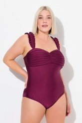 Damski Strój kąpielowy plisy miękkie miseczki ramiączka z regulacją. Fioletowe kostiumy jednoczęściowe damskie Ulla Popken, plus size, bez wzorów, z elastanu, plus size, do pływania. Za 201.99 zł.