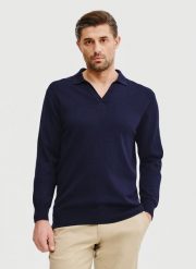 PAKO LORENTE – Męski sweter z kołnierzykiem polo. Niebieskie swetry przez głowę męskie Pako Lorente, na wiosnę, m, bez wzorów, z poliamidu, bez kołnierzyka. Za 149.99 zł.
