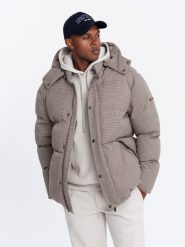Mocno ocieplana męska kurtka typu puffer w pepitkę – brązowa V1 OM-JAHP-0174 - XXL. Brązowe kurtki męskie Ombre Clothing, l, z aplikacjami, z materiału, bez kaptura. W wyprzedaży za 299.99 zł.