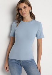 Niebieski Wiskozowy T-shirt w Klasycznym Stylu Arivoria. Niebieskie bluzki damskie Born2be, m, z aplikacjami, z jeansu, klasyczne, bez kołnierzyka, bez ramiączek. Za 44.99 zł.