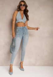 Niebieskie Jeansy o Fasonie Skinny z Postrzępionymi Nogawkami Quinte. Niebieskie jeansy damskie Renee. Za 99.99 zł.