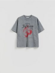 T-shirt z nadrukiem - ciemnoszary. Szare t-shirty damskie Reserved, l, bez wzorów, z bawełny, bez kołnierzyka. Za 59.99 zł.