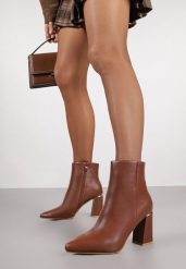Brązowe Botki na Słupku Vices Ozdobione Przeszyciem Illvine. Brązowe botki damskie Renee, eleganckie, bez obcasa, na obcasie, bez zapięcia. Za 119.99 zł.