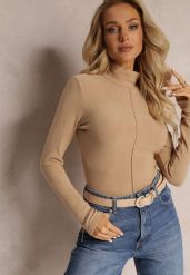 Beżowy Sweter Golf z Ozdobnym Przeszyciem Dayshawn. Brązowe swetry damskie Renee, m, z aplikacjami, z jeansu, eleganckie, bez kołnierzyka, bez ramiączek, długie, bez kaptura. Za 99.99 zł.