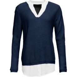 Sweter z koszulową wstawką bonprix ciemnoniebieski. Niebieskie swetry damskie bonprix, bez wzorów, bez kołnierzyka, bez ramiączek, bez kaptura. Za 109.99 zł.