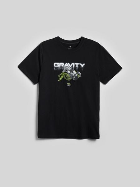 4F T-shirt regular z nadrukiem męski - czarny M. Czarne t-shirty męskie 4f, m, bez wzorów, z bawełny, klasyczne, bez kołnierzyka. Za 79.99 zł.