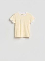 T-shirt z kontrastową lamówką - jasnożółty. Żółte t-shirty damskie Reserved, l, bez wzorów, z bawełny, bez kołnierzyka. Za 89.99 zł.