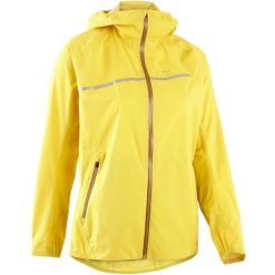 Kurtka do biegania w terenie przeciwdeszczowa damska Kiprun Run 500 Rain. Żółte kurtki damskie KIPRUN, l, bez wzorów, z materiału, bez kaptura. W wyprzedaży za 199.99 zł.