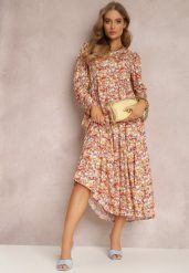 Pomarańczowo-Fioletowa Sukienka Dorosa. Brązowe sukienki damskie Renee, na imprezę, l, bez wzorów, bez kołnierzyka, bez ramiączek, maxi. Za 49.99 zł.