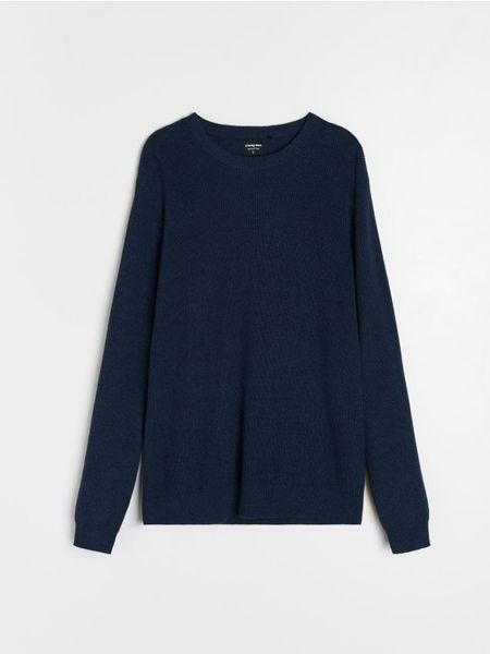 Bawełniany sweter basic - granatowy. Niebieskie swetry przez głowę męskie Sinsay, l, bez wzorów, z bawełny, bez kołnierzyka. Za 69.99 zł.