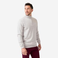 Sweter do golfa męski wiatroszczelny MW500 z wysokim kołnierzem. Szare buty sportowe męskie INESIS, z bawełny, bez zapięcia, na golfa. Za 199.99 zł.