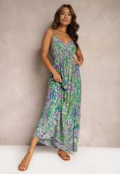 Zielono-Fioletowa Rozkloszowana Sukienka z Wiskozy na Regulowanych Ramiączkach w Stylu Boho Yalfea. Zielone sukienki damskie Renee, na lato, s, bez wzorów, z materiału, boho, bez kołnierzyka, bez ramiączek, maxi, rozkloszowane. Za 54.99 zł.