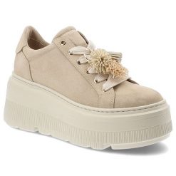 Sneakersy damskie Chebello, ze skóry naturalnej na wysokiej platformie z klasycznym sznurowaniem i dekoracyjnymi chwostami, beżowe, 5002_-194-000-PSK. Brązowe półbuty damskie CheBello, bez wzorów, z jeansu, eleganckie, bez obcasa, bez zapięcia. Za 629.90 zł.