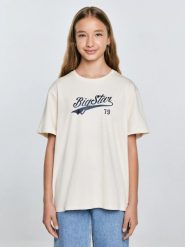 Koszulka dziewczęca oversize z nadrukiem kremowa Emillia 103. Białe t-shirty i topy dla dziewczynek Big Star, bez wzorów, z bawełny, bez ramiączek. W wyprzedaży za 49.99 zł.