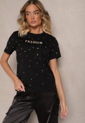 Czarny Bawełniany T-shirt Ozdobiony Napisem i Cyrkoniami Nalavenna. Czarne bluzki damskie Renee, m, z aplikacjami, z bawełny, bez kołnierzyka, bez ramiączek. Za 39.99 zł.