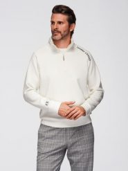 Męska bluza z rozpinaną wysoką stójką i kontrastowym nadrukiem – ecru V2. Bluzy męskie Ombre Clothing, m, bez wzorów, z dzianiny, bez kaptura. Za 189.99 zł.