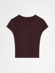 Bawełniana prążkowana koszulka z krótkim rękawem - czerwony. Czerwone t-shirty damskie Sinsay, l, bez wzorów, z bawełny, bez kołnierzyka. Za 17.99 zł.