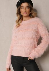 Jasnoróżowy Sweter z Wełną Ozdobiony Ściągaczami i Długim Włosiem Sialora. Czerwone swetry damskie Renee, na jesień, bez wzorów, z jeansu, biznesowe, bez kołnierzyka, bez ramiączek, długie, bez kaptura. Za 54.99 zł.