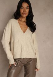 Beżowy Kardigan na Guziki z Domieszką Kaszmiru Vetiella. Brązowe kardigany damskie Renee, bez wzorów, z jeansu, eleganckie, bez kołnierzyka, bez ramiączek, bez kaptura. Za 99.99 zł.