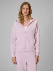 4F Bluza dresowa regular z kapturem damska - różowa L. Czerwone kardigany damskie 4f, l, bez wzorów, z dresówki. Za 169.99 zł.