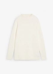 Sweter ze stójką. Białe swetry damskie bonprix, bez wzorów, z bawełny, bez kołnierzyka, bez ramiączek, bez kaptura. Za 109.99 zł.