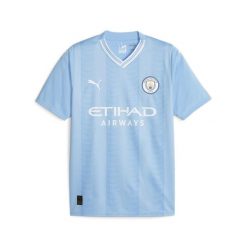 Koszulka domowa Manchester City 2023/24. Białe koszulki sportowe męskie Puma, xs, bez wzorów, z elastanu, bez kołnierzyka, bez ramiączek, do piłki nożnej. Za 289.25 zł.