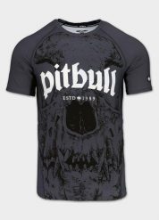 Męski Rashguard krótki PITBULL koszulka treningowa z nadrukiem SKULL LOGO. Szare koszulki sportowe męskie PITBULL, m, bez wzorów, z elastanu, bez kołnierzyka, bez ramiączek, na fitness i siłownię. Za 179.00 zł.