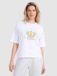 4F T-shirt oversize z nadrukiem damski - biały XL. Białe koszulki sportowe damskie 4f, uniwersalny, bez wzorów, z bawełny, bez kołnierzyka, bez ramiączek. W wyprzedaży za 39.99 zł.