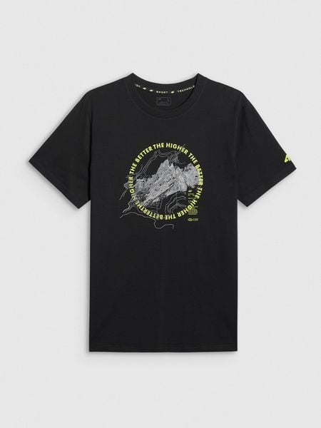 4F T-shirt regular z nadrukiem męski - czarny L. Czarne t-shirty męskie 4f, l, bez wzorów, z bawełny, bez kołnierzyka. W wyprzedaży za 39.99 zł.