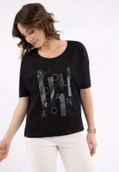 Koszulka z błyszczącym printem, Comfort Fit, T-CAN. Czarne t-shirty damskie Volcano, m, bez wzorów, z bawełny, bez kołnierzyka. Za 69.99 zł.