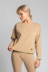 Luźna Bluzka z Dzianiny Prążkowanej - Cappuccino. Czarne bluzki damskie MOE, l, bez wzorów, z bawełny, bez kołnierzyka, bez ramiączek. Za 259.90 zł.