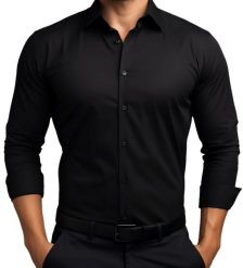 Czarna elastyczna koszula męska z długim rękawem VILLARO L06. Czarne koszule męskie Mmer / Villaro - Koszule męskie, l, bez wzorów, z bawełny, casualowe, bez kołnierzyka, bez ramiączek. W wyprzedaży za 148.50 zł.