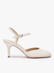 Kremowe czółenka ślubne slingback ze skóry licowej. Brązowe czółenka damskie Ryłko, bez wzorów, z gumy, eleganckie, z okrągłym noskiem, bez obcasa, na obcasie, bez zapięcia. Za 379.99 zł.