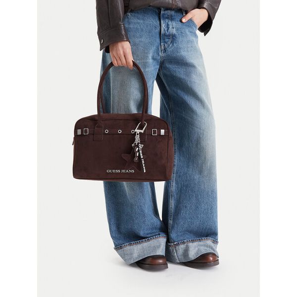 Torebka Guess Jeans. Brązowe torebki do ręki damskie Guess Jeans, z aplikacjami, z jeansu, klasyczne, bez dodatków. Za 299.99 zł.