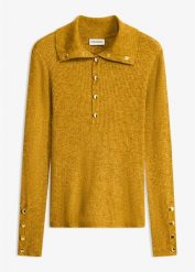 Sweter polo z wiskozą. Żółte swetry damskie bonprix, bez wzorów, z wiskozy, eleganckie, bez kołnierzyka, bez ramiączek, bez kaptura. Za 129.99 zł.