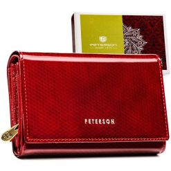 Skórzany, lakierowany portfel damski w czerwonym kolorze, wyposażony w kieszeń zewnętrzną - Peterson. Czerwone portfele damskie Peterson, bez wzorów, z lakierowanej skóry. Za 154.99 zł.