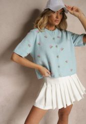 Niebieski Wzorzysty Sweter Kardigan z Krótkim Rękawem z Dodatkiem Wełny Korivelle. Niebieskie kardigany damskie Renee, bez wzorów, z jeansu, biznesowe, bez kołnierzyka, bez ramiączek, krótkie, bez kaptura. Za 139.99 zł.