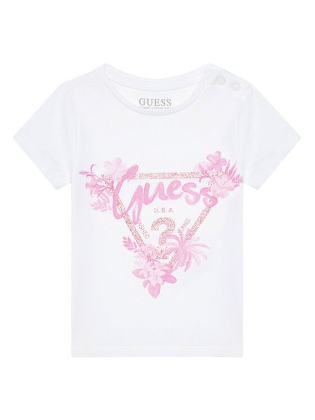 Guess T-Shirt A5GI03 K6YW4 Biały Regular Fit. Białe t-shirty i topy dla dziewczynek Guess, z aplikacjami, z bawełny, bez ramiączek. Za 39.99 zł.