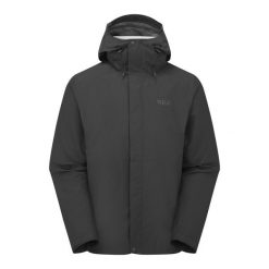 Kurtka przeciwdeszczowa męska Rab Downpour Jacket z kapturem. Czarne kurtki męskie RAB, m, bez wzorów, sportowe, z kapturem. Za 629.99 zł.