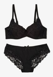 Czarny Koronkowy Komplet Majtki Figi i Biustonosz Eziselle. Czarne biustonosze Renee, bez wzorów, z jeansu. Za 39.99 zł.