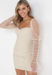 Beżowa Dopasowana Sukienka Mini Ozdobiona Przeźroczystym Tiulem Sirgit. Brązowe sukienki damskie Born2be, s, bez wzorów, z tiulu, bez kołnierzyka, bez ramiączek, mini, dopasowane. Za 209.99 zł.