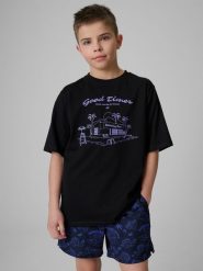 4F T-shirt loose z nadrukiem chłopięcy - czarny 122/128 (6-8 lat). Czarne t-shirty dla chłopców 4f, bez wzorów, z bawełny, bez ramiączek. Za 49.99 zł.