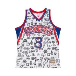 Jersey Philadelphia 76ers NBA Doodle Swingman 1996 Allen Iverson. Białe koszulki sportowe męskie Mitchell & Ness, bez wzorów, z jersey, bez kołnierzyka, bez ramiączek, do koszykówki. Za 636.50 zł.