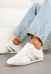 Biało-Złote Sneakersy Typu Tenisówki z Paseczkami Liantina. Białe obuwie sportowe damskie Renee, bez wzorów, z jeansu, eleganckie, bez zapięcia. Za 74.99 zł.