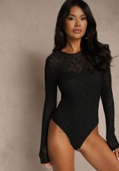 Czarne Body Typu Longsleeve z Koronki Eseiana. Czarne bluzki damskie Renee, m, bez wzorów, z jeansu, klasyczne, bez kołnierzyka, bez ramiączek. Za 89.99 zł.