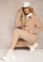 Ciemnobeżowy Komplet Dresowy Bluza z Suwakiem i Kołnierzem i Spodnie z Kieszeniami Cargo Taigena. Brązowe bluzy damskie Renee, m, bez wzorów, z dresówki, bez kaptura. Za 74.99 zł.