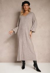 Beżowa Pudełkowa Sukienka Sweterkowa z Wiskozą ze Ściągaczami Besizia. Brązowe sukienki damskie Renee, na co dzień, s, bez wzorów, z wiskozy, eleganckie, bez kołnierzyka, bez ramiączek, maxi, proste. Za 119.99 zł.