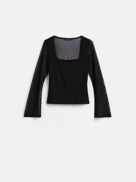 Meshowa bluzka - czarny. Czarne bluzki damskie Reserved, l, bez wzorów, z dzianiny, bez kołnierzyka, bez ramiączek. Za 79.99 zł.